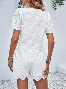 Breezaya Puff Sleeve Scallop Trim Blouse & Shorts - White - View 2