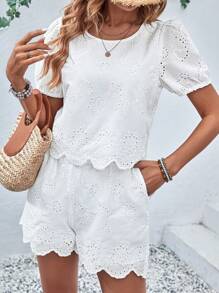 Breezaya Puff Sleeve Scallop Trim Blouse & Shorts - White - View 3