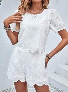 Breezaya Puff Sleeve Scallop Trim Blouse & Shorts - White - View 4