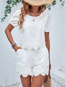 Breezaya Puff Sleeve Scallop Trim Blouse & Shorts - White - View 5