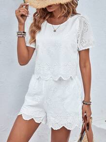 Breezaya Puff Sleeve Scallop Trim Blouse & Shorts - White - View 6