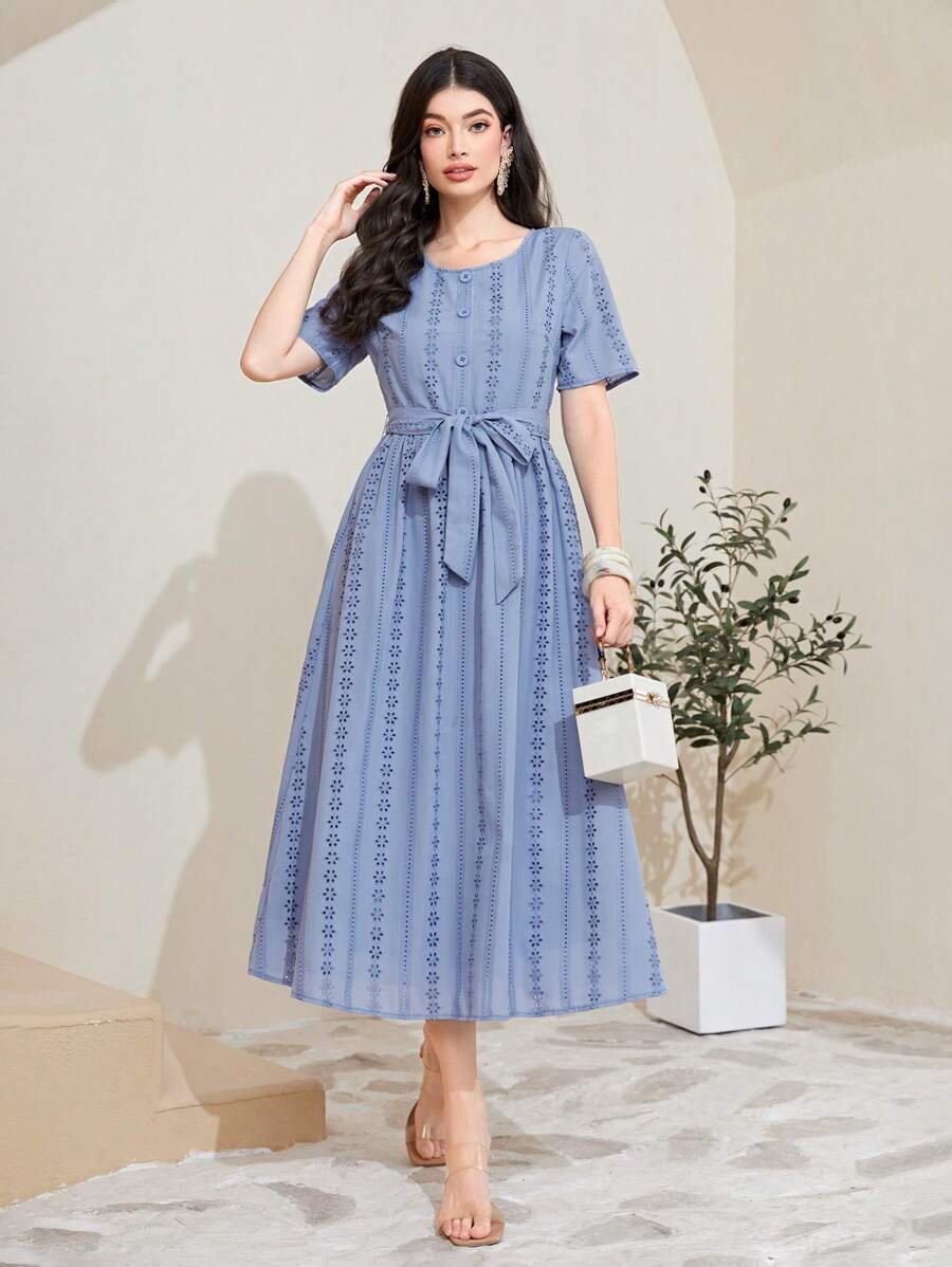 Seusyu Chất rắn Schiffy Váy có thắt lưng - Màu xanh lam - Xem 1