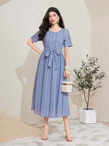 Seusyu Chất rắn Schiffy Váy có thắt lưng - Màu xanh lam - Xem 3