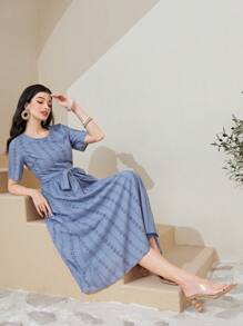 Seusyu Chất rắn Schiffy Váy có thắt lưng - Màu xanh lam - Xem 4