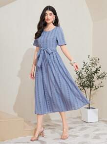 Seusyu Chất rắn Schiffy Váy có thắt lưng - Màu xanh lam - Xem 5