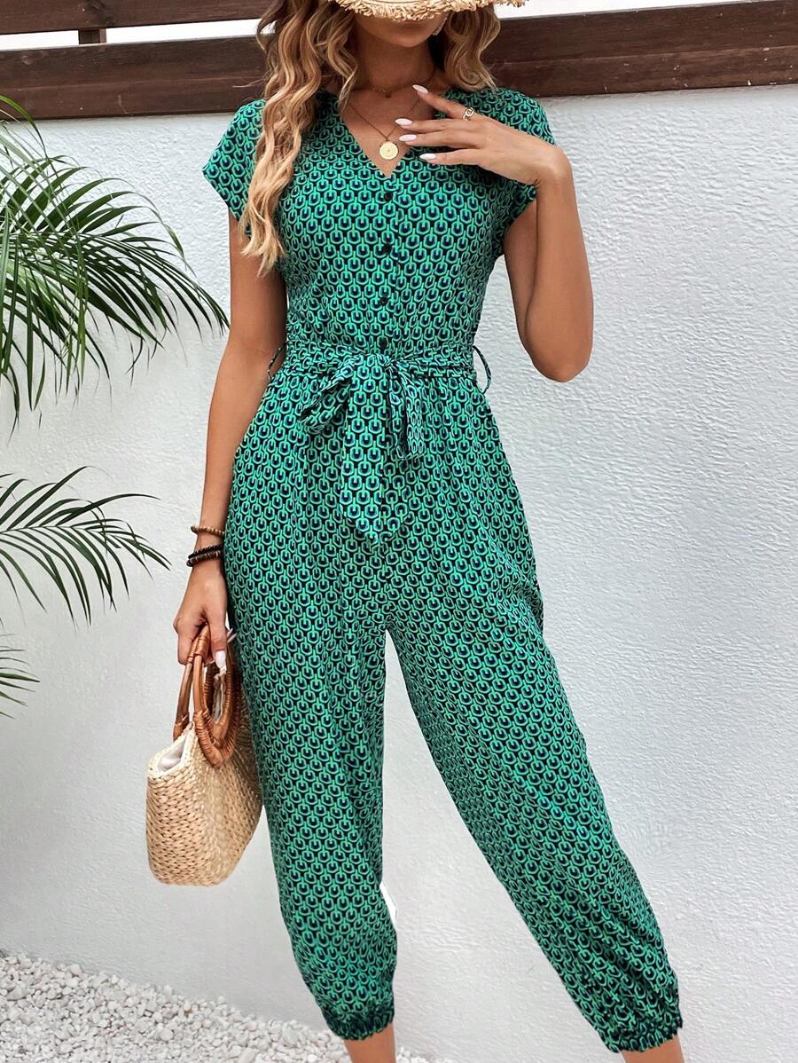 SHEIN Frenchy Allover Print Belted Jumpsuit Summer Casual - Multicolor - View 1