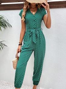 SHEIN Frenchy Allover Print Belted Jumpsuit Summer Casual - Multicolor - View 4