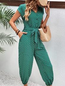 SHEIN Frenchy Allover Print Belted Jumpsuit Summer Casual - Multicolor - View 6