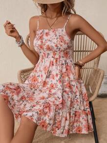 SHEIN VCAY Floral Print Ruffle Hem Cami Dress