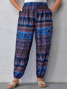 SHEIN VCAY Plus Geo Print Slant Pocket Trousers - Blue - View 1