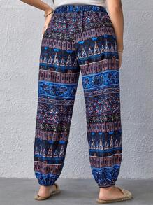 SHEIN VCAY Plus Geo Print Slant Pocket Trousers - Blue - View 2