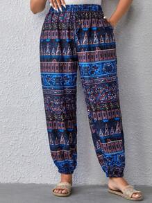 SHEIN VCAY Plus Geo Print Slant Pocket Trousers - Blue - View 3