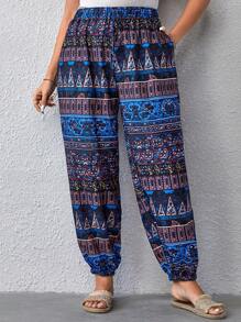 SHEIN VCAY Plus Geo Print Slant Pocket Trousers - Blue - View 4