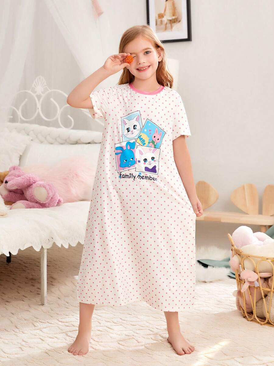 女大童波卡圓點和卡通圖案撞色滾邊睡裙 - 白色 - 查看 1