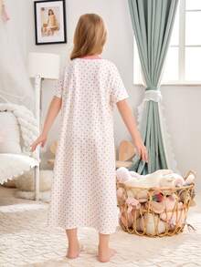 女大童波卡圓點和卡通圖案撞色滾邊睡裙 - 白色 - 查看 2