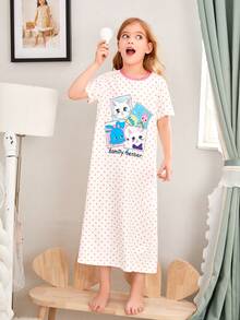 女大童波卡圓點和卡通圖案撞色滾邊睡裙 - 白色 - 查看 3