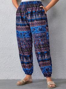 SHEIN VCAY Plus Geo Print Slant Pocket Trousers - Blue - View 6