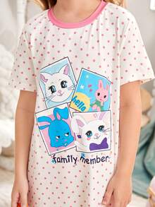 女大童波卡圓點和卡通圖案撞色滾邊睡裙 - 白色 - 查看 4