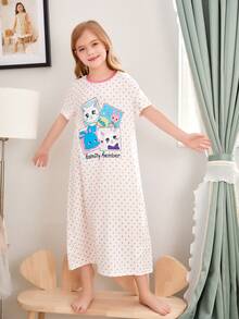 女大童波卡圓點和卡通圖案撞色滾邊睡裙 - 白色 - 查看 5