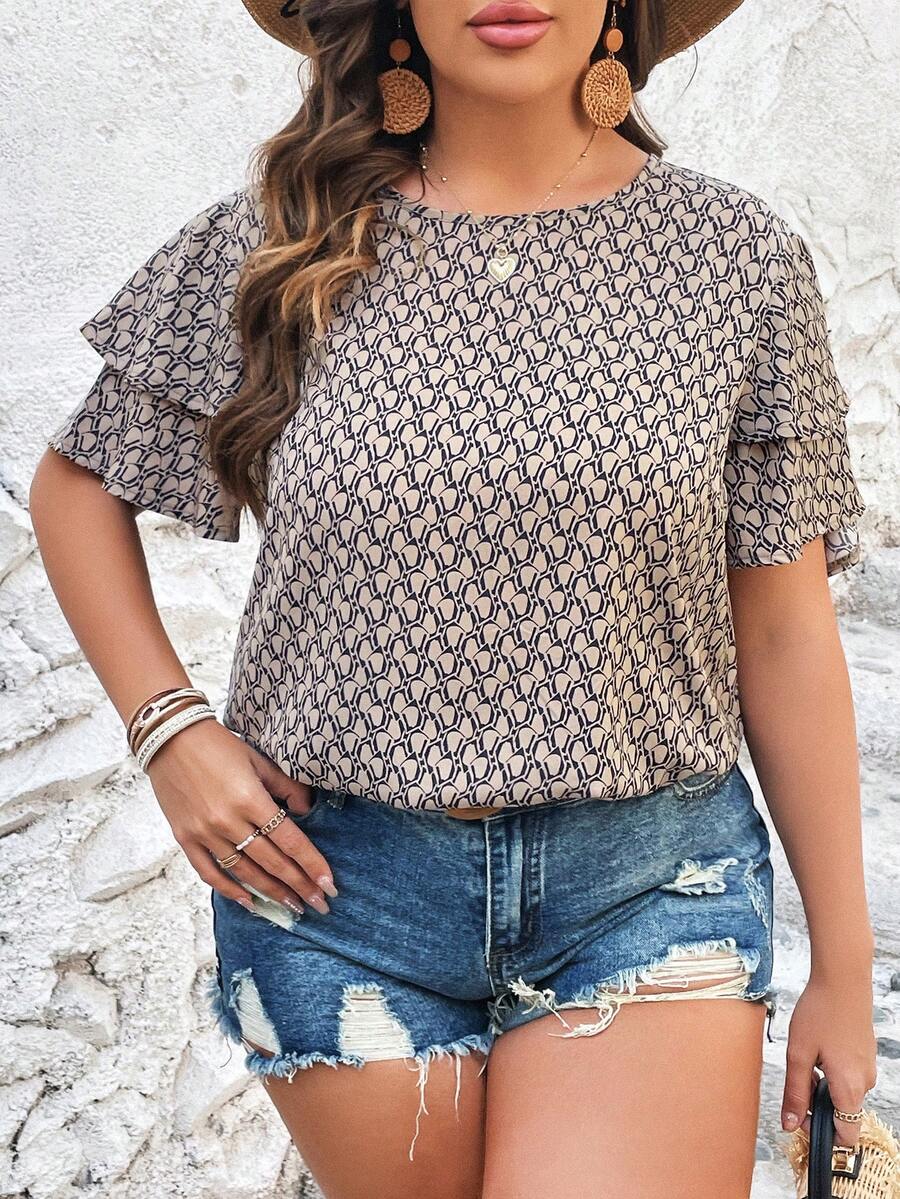 SHEIN VCAY Hơn In Toàn bộ áo tay bướm Áo sơ mi - Màu Khaki - Xem 1