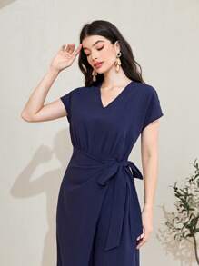 Mulvari 100% Cotton Solid Wrap Knot Wide Leg Jumpsuit