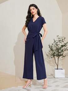 Mulvari 100% Cotton Solid Wrap Knot Wide Leg Jumpsuit