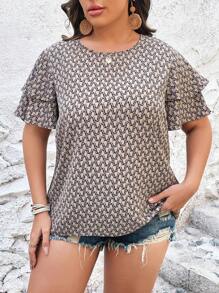 SHEIN VCAY Hơn In Toàn bộ áo tay bướm Áo sơ mi - Màu Khaki - Xem 4