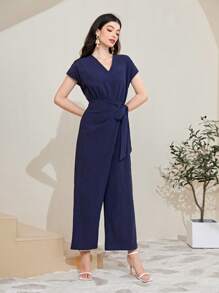 Mulvari 100% Cotton Solid Wrap Knot Wide Leg Jumpsuit