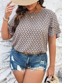 SHEIN VCAY Hơn In Toàn bộ áo tay bướm Áo sơ mi - Màu Khaki - Xem 5