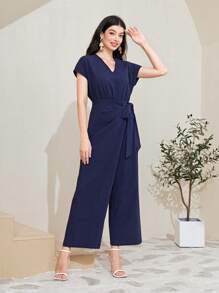 Mulvari 100% Cotton Solid Wrap Knot Wide Leg Jumpsuit