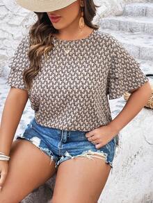 SHEIN VCAY Hơn In Toàn bộ áo tay bướm Áo sơ mi - Màu Khaki - Xem 6