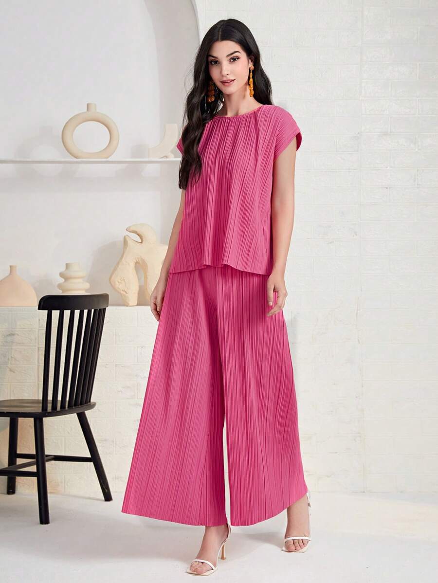 Mulvari Top unicolor fruncido & Pantalones de pierna ancha - Rosa Fucsia - Ver 1