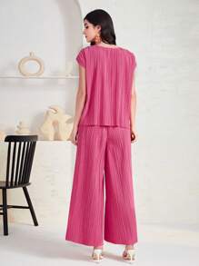 Mulvari Top unicolor fruncido & Pantalones de pierna ancha - Rosa Fucsia - Ver 2