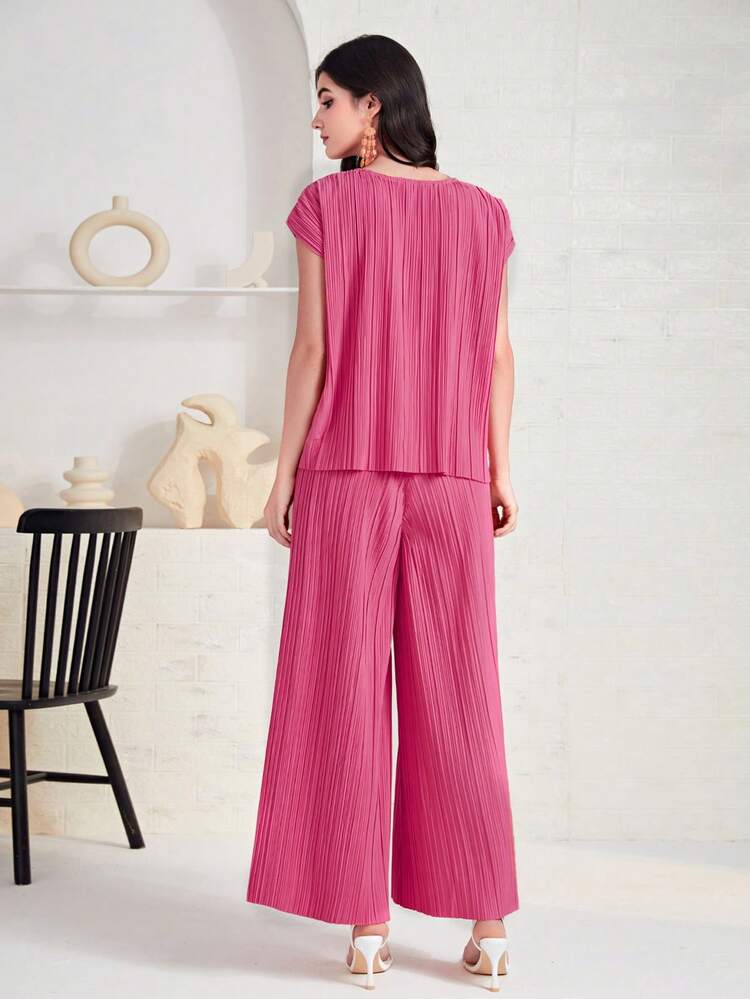 Mulvari Top unicolor fruncido & Pantalones de pierna ancha - Rosa Fucsia - Añade 2