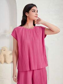 Mulvari Top unicolor fruncido & Pantalones de pierna ancha - Rosa Fucsia - Ver 3