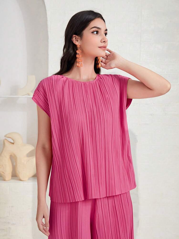 Mulvari Top unicolor fruncido & Pantalones de pierna ancha - Rosa Fucsia - Añade 3