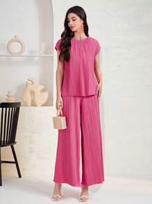 Mulvari Top unicolor fruncido & Pantalones de pierna ancha - Rosa Fucsia - Ver 4