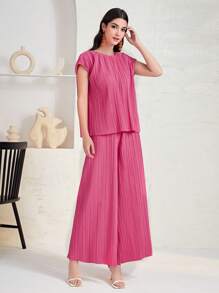 Mulvari Top unicolor fruncido & Pantalones de pierna ancha - Rosa Fucsia - Ver 5