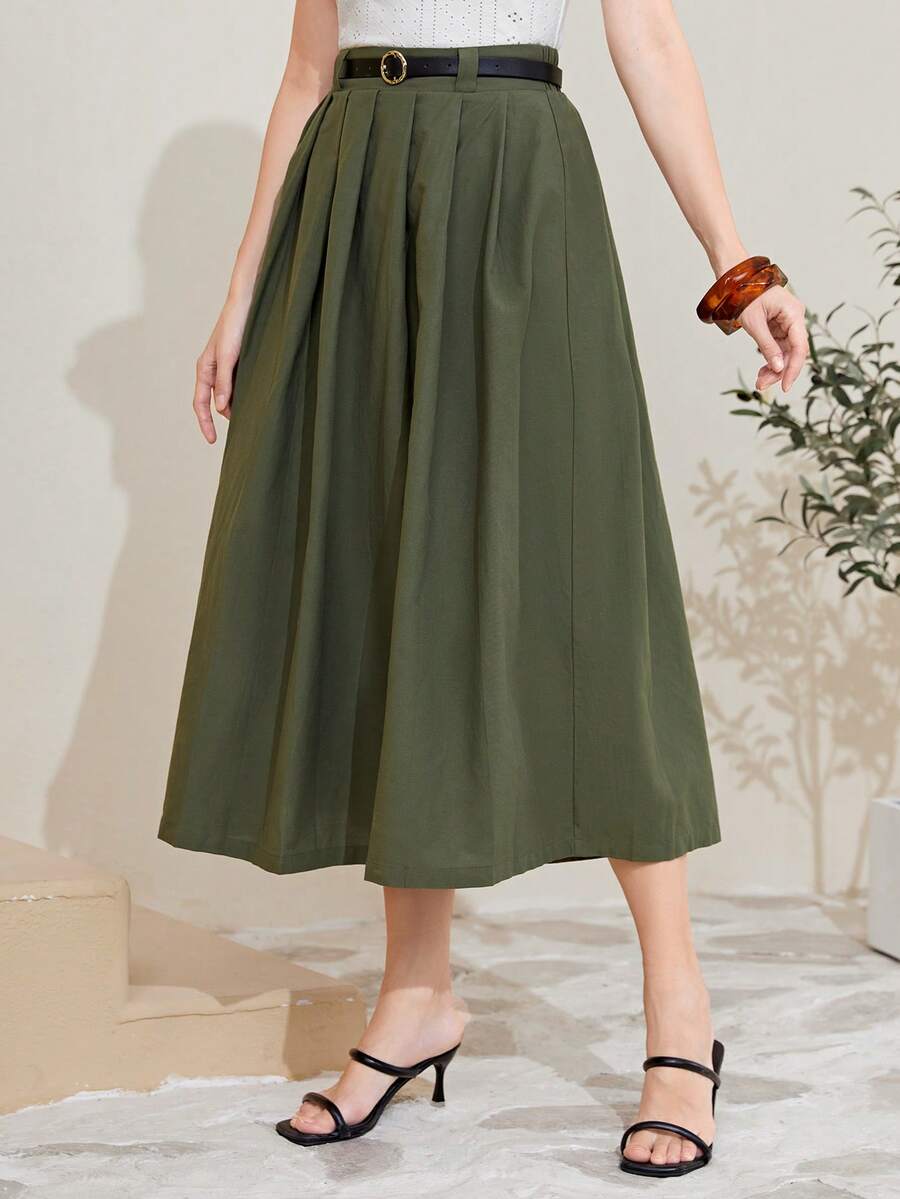 SHEIN Mulvari Cotton Solid Belted Pleated Skirt for Sale Australia New