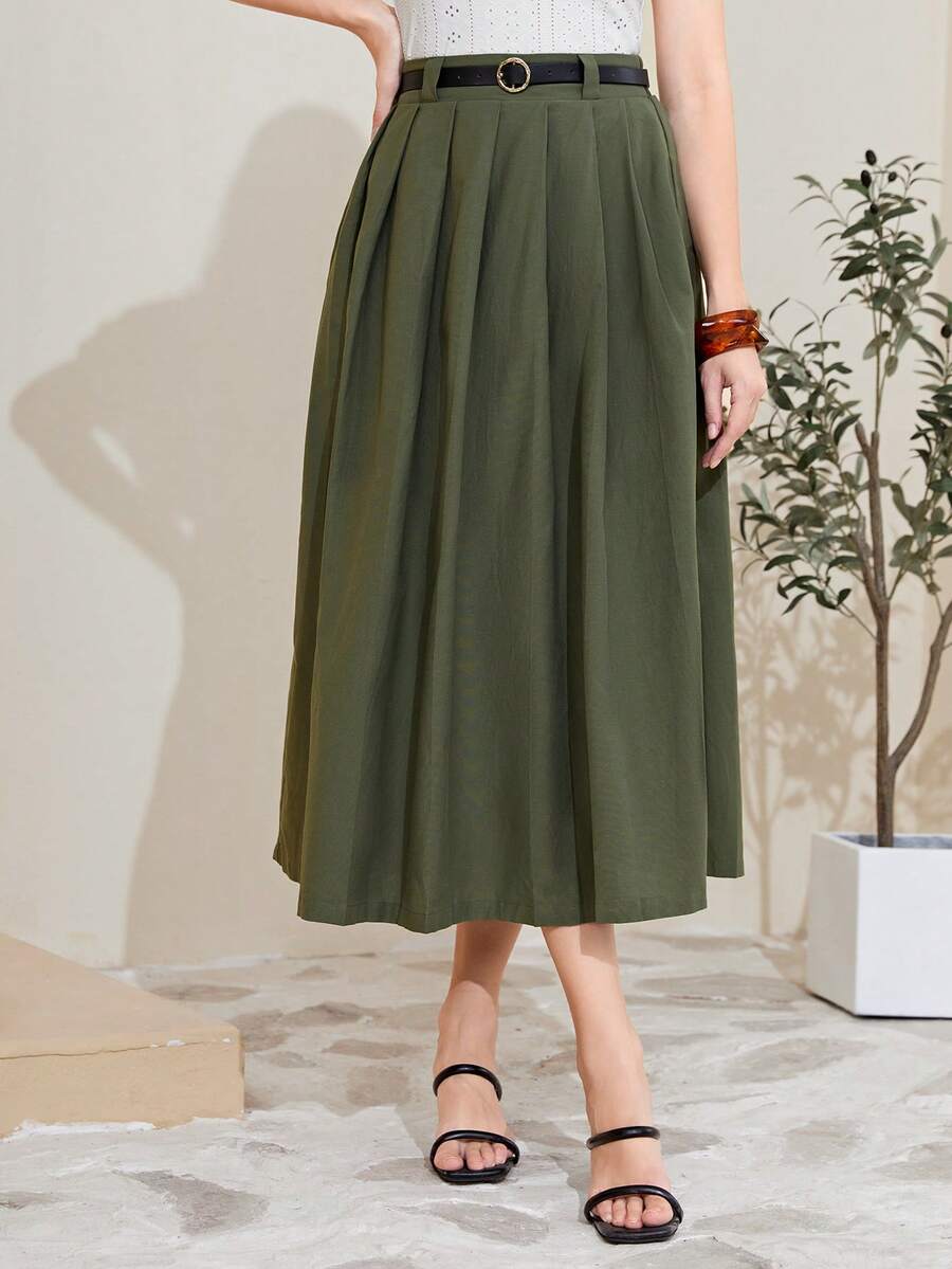 SHEIN Mulvari Cotton Solid Belted Pleated Skirt for Sale Australia New