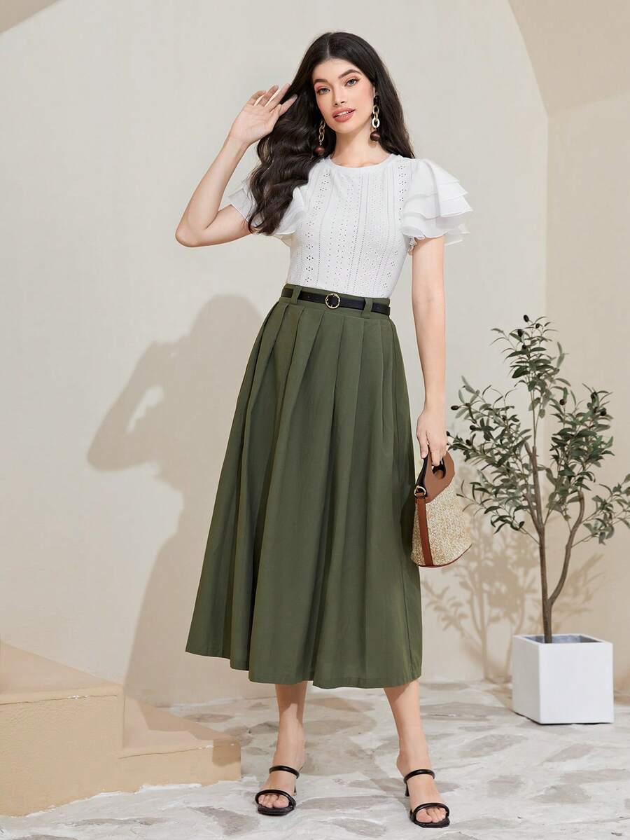 SHEIN Mulvari Cotton Solid Belted Pleated Skirt for Sale Australia New