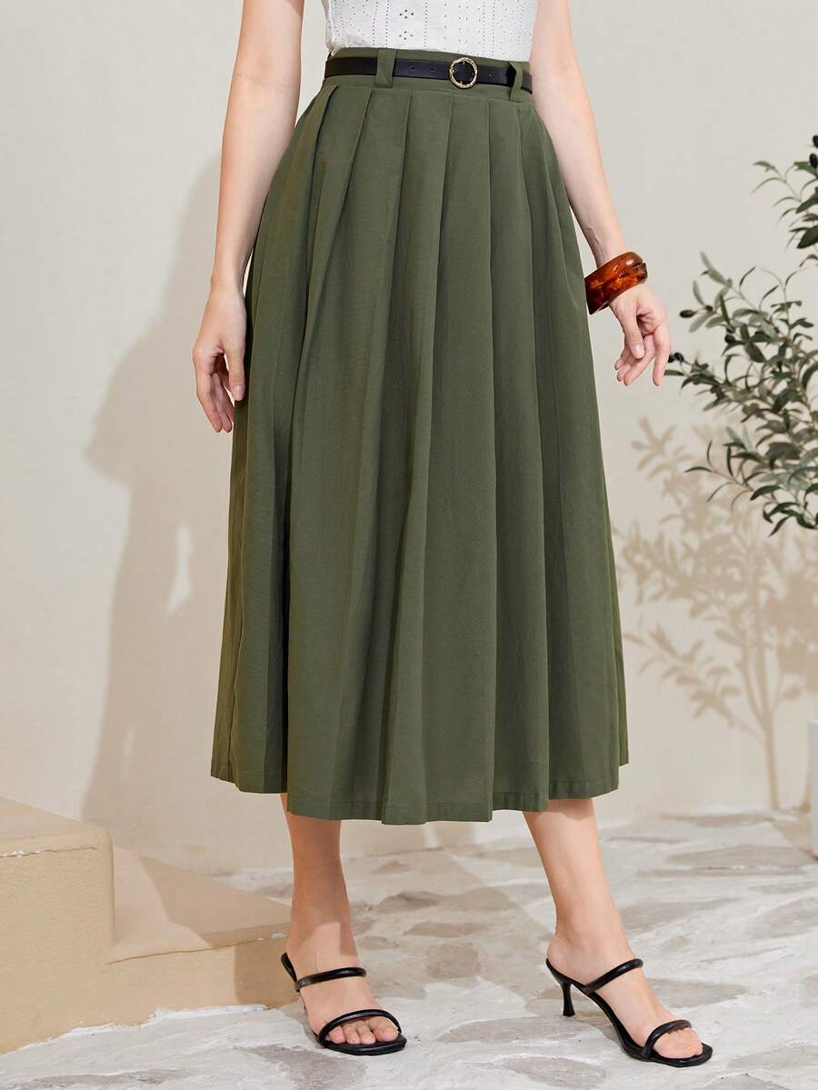 SHEIN Mulvari Cotton Solid Belted Pleated Skirt for Sale Australia New