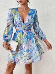 SHEIN LUNE 滿版印花腰部鏤空深V領燈籠袖連衣裙 - 彩色 - 查看 1