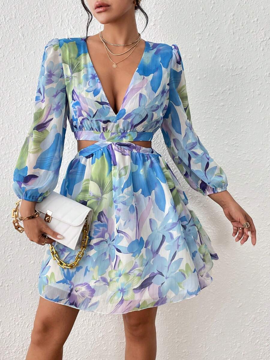 SHEIN LUNE 滿版印花腰部鏤空深V領燈籠袖連衣裙 - 彩色 - 查看 1