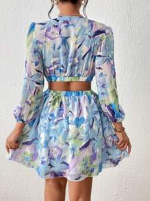 SHEIN LUNE 滿版印花腰部鏤空深V領燈籠袖連衣裙 - 彩色 - 查看 2