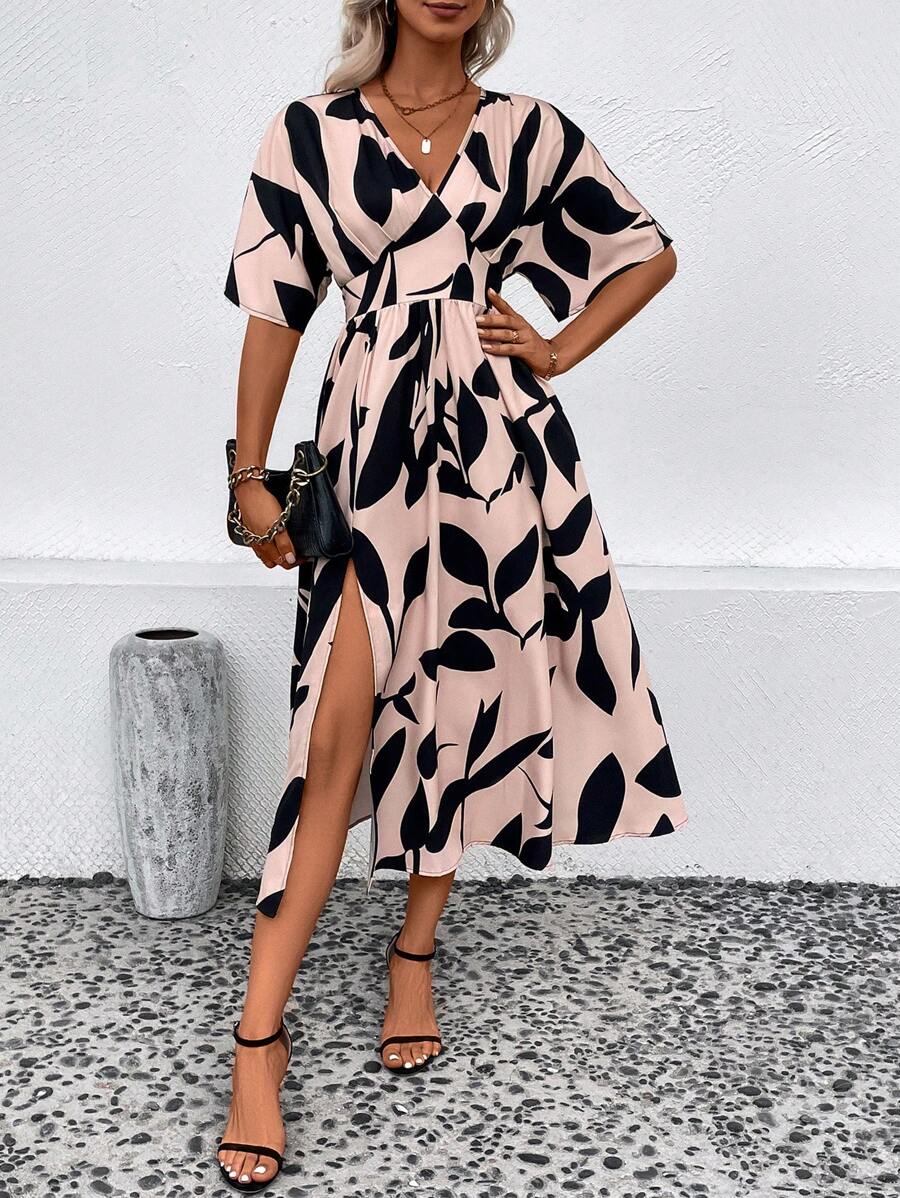 SHEIN LUNE Allover Leaf Print Split Thigh Dress - Multicolor - View 1