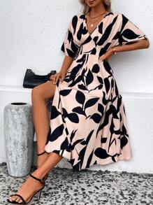 SHEIN LUNE Allover Leaf Print Split Thigh Dress - Multicolor - View 3