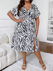 Calvaya Plus Zebra Striped Print Split Thigh Dress - White - View 1
