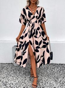 SHEIN LUNE Allover Leaf Print Split Thigh Dress - Multicolor - View 5