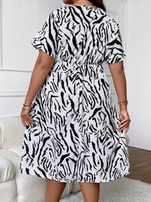 Calvaya Plus Zebra Striped Print Split Thigh Dress - White - View 2